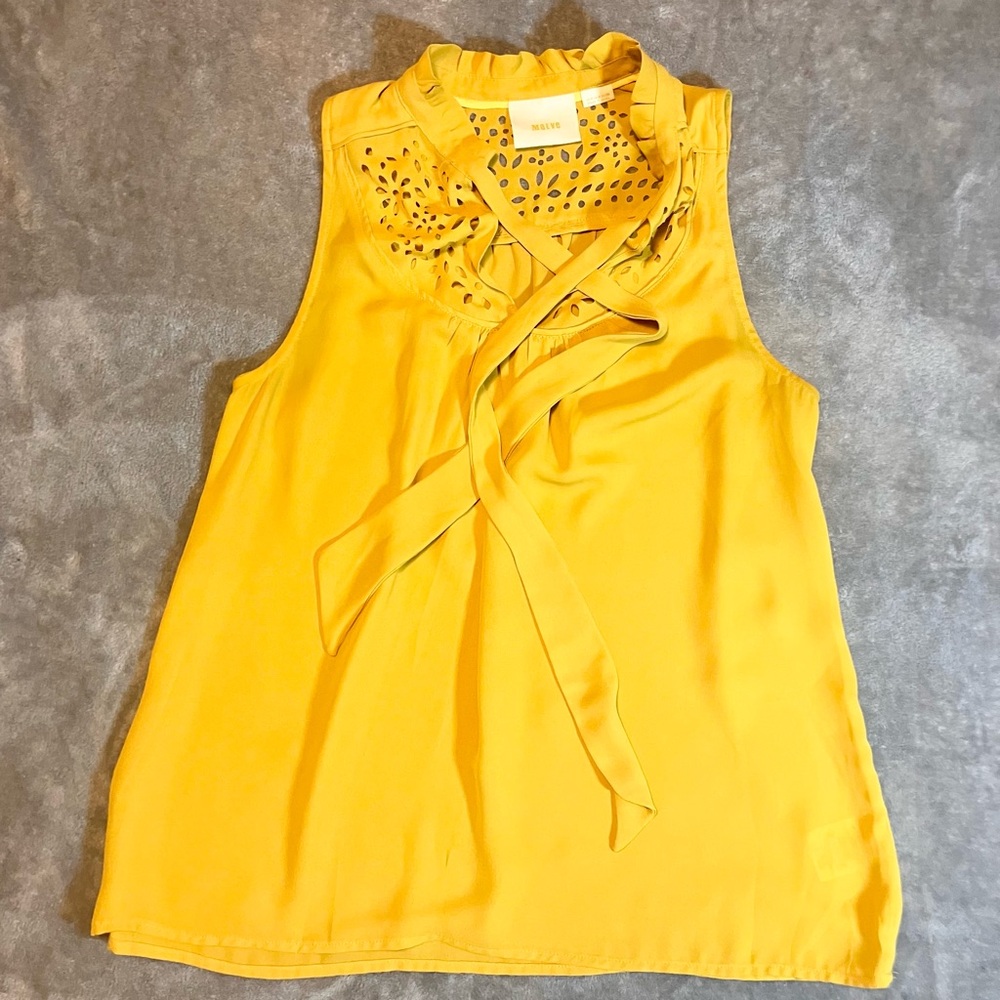 Maeve Anthropologie gold yellow sleeveless tie neck blouse Floral laser cutout 4